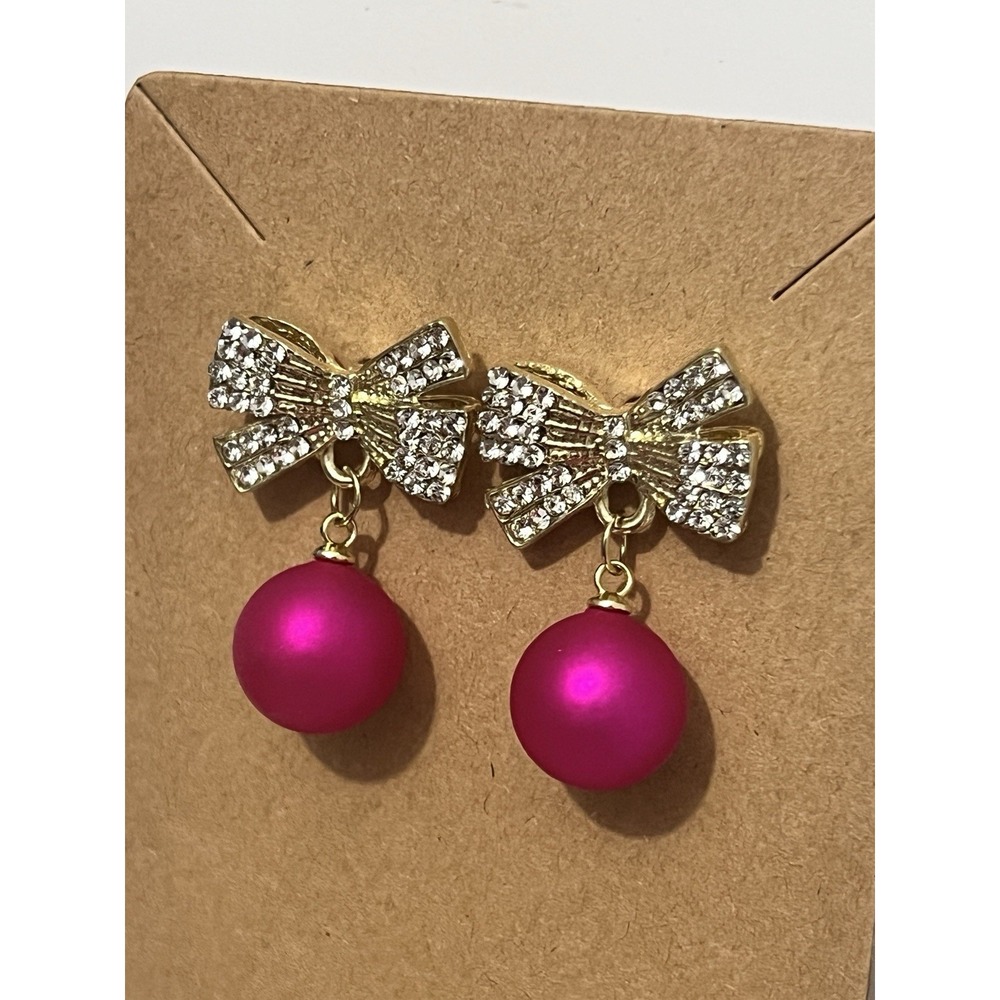 NWOT Dangle Earrings Rhinestone Bows Gold‎ Accent With Hot Pink Ball Stud
